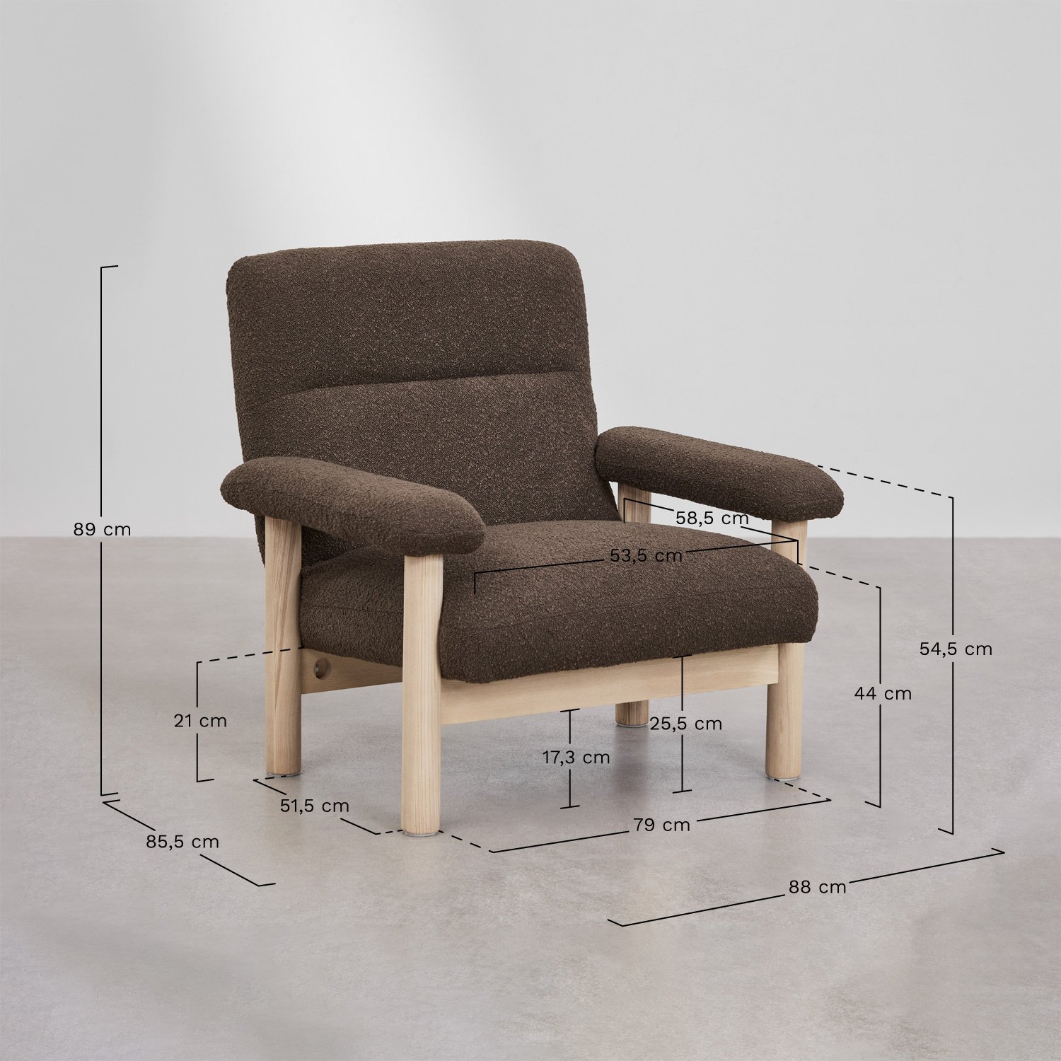 Fauteuil rembourré en bois de frêne Bernia, mesures