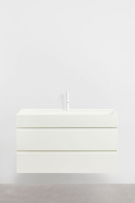 Ensemble de meuble de salle de bain suspendu en bois et placage de frêne avec lavabo intégré Ona - Blanc