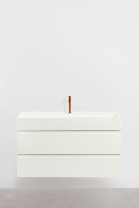 Ensemble de meuble de salle de bain suspendu en bois et placage de frêne avec lavabo intégré Ona - Blanc