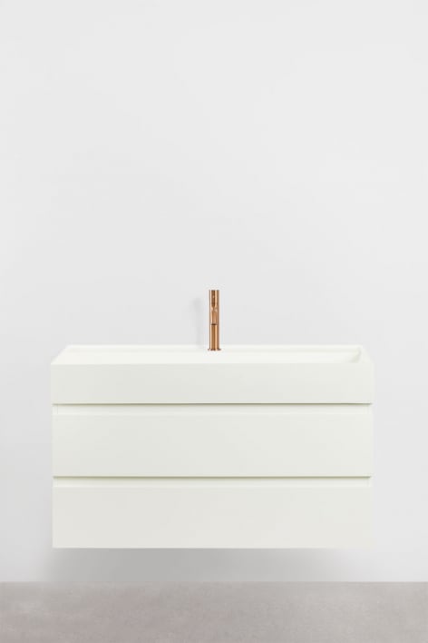 Ensemble de meuble de salle de bain suspendu en bois et placage de frêne avec lavabo intégré Ona - Blanc