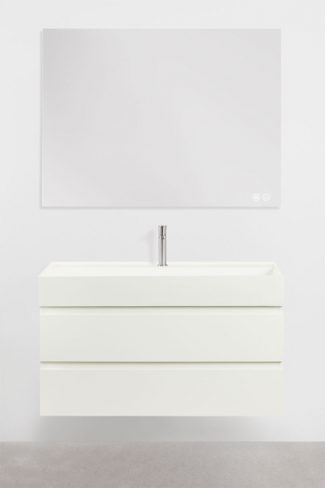 Ensemble de meuble de salle de bain suspendu en bois et placage de frêne avec lavabo intégré Ona - Blanc