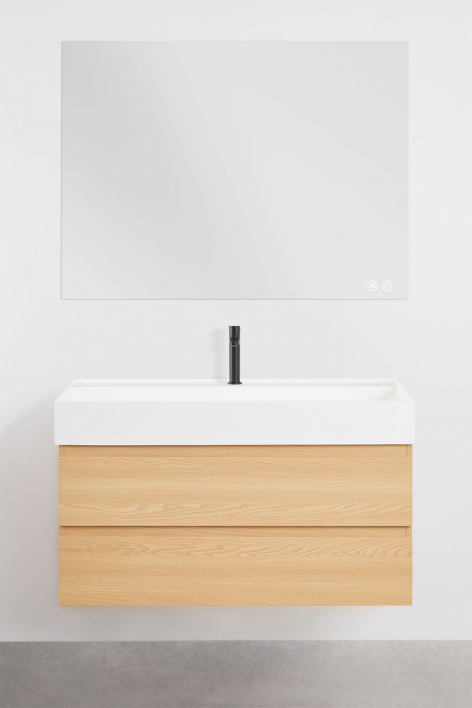 Ensemble de meuble de salle de bain suspendu en bois et placage de frêne avec lavabo intégré Ona - Bois Naturel