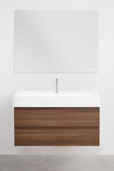 Ensemble de meuble de salle de bain suspendu en bois et placage de frêne avec lavabo intégré Ona - Bois Foncé