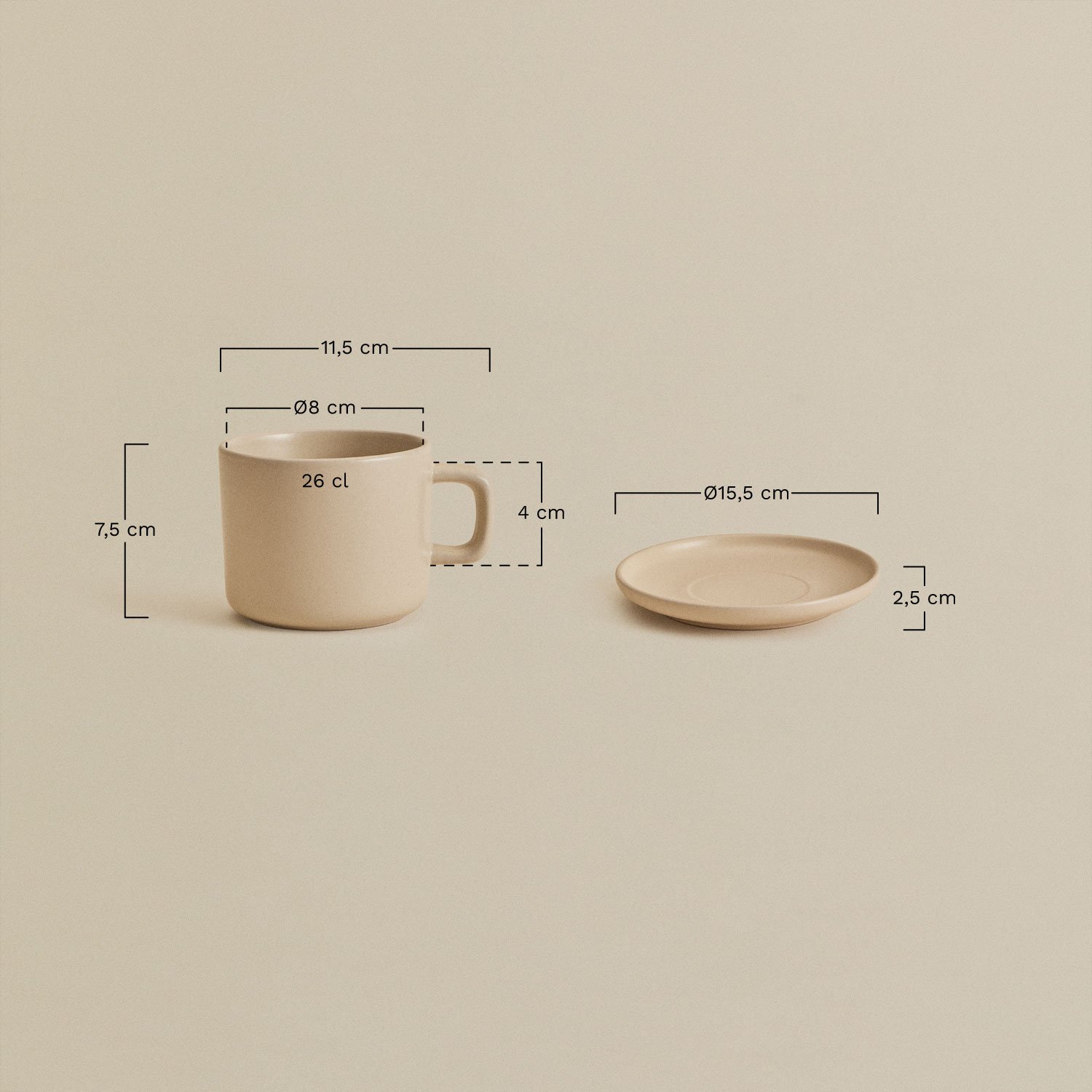 Lot de 2 tasses à café en grès Sillex avec soucoupes, 26 cl, mesures