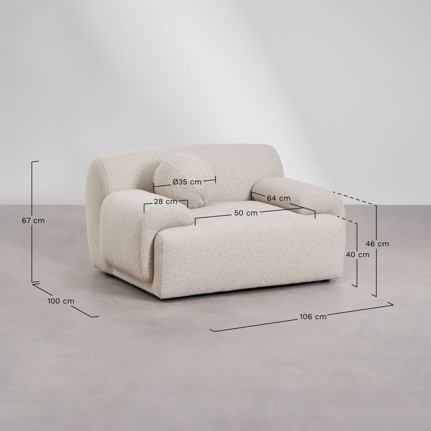 Fauteuil tapissé Shirina, mesures