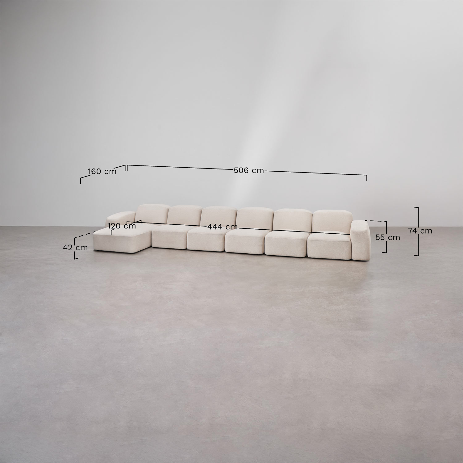 Canapé modulable Bastian 6 pièces avec méridienne gauche, mesures