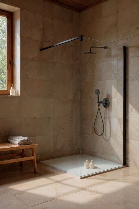 Paroi de douche fixe 90x195 cm, verre trempé transparent 8 mm et aluminium noir mat Bristol