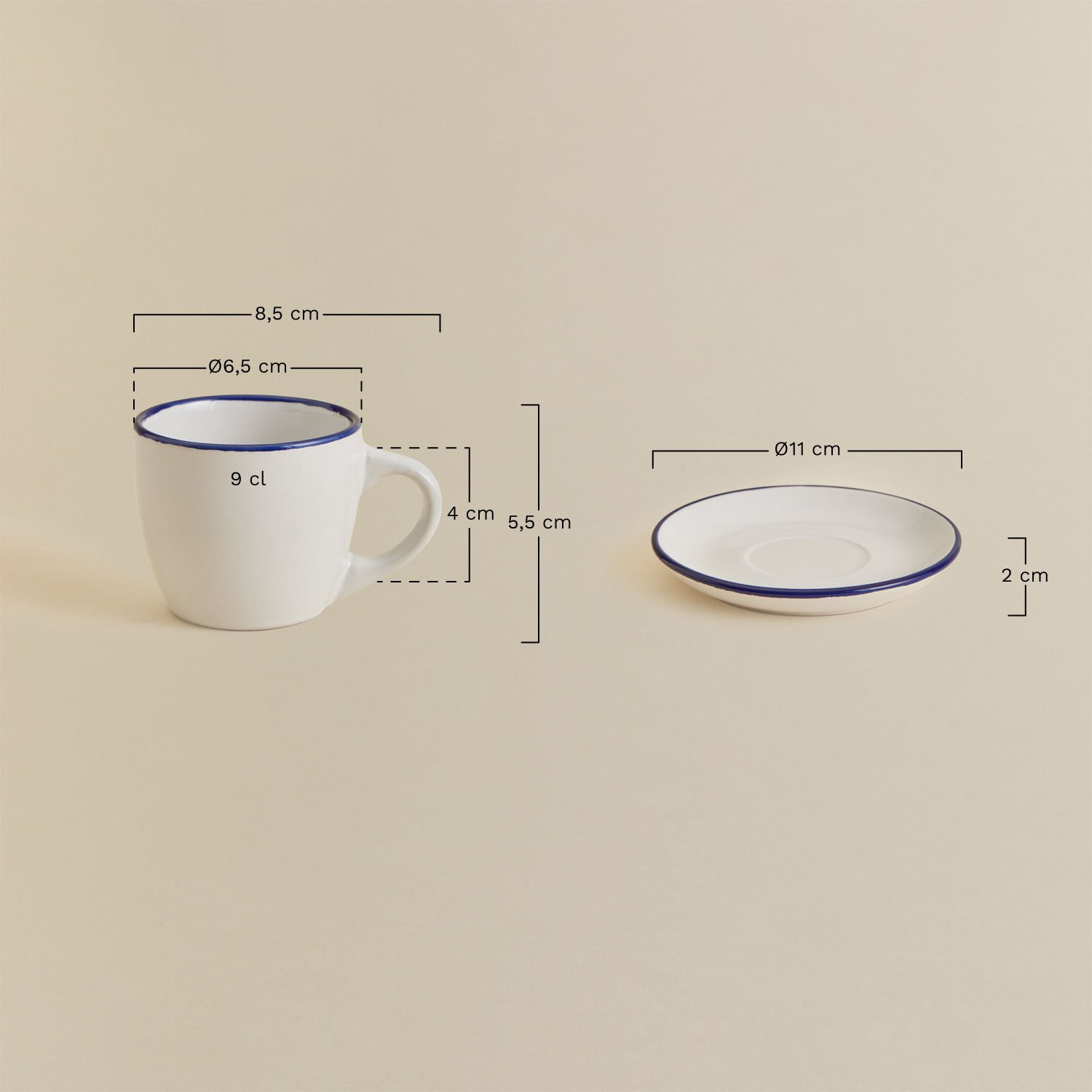 Lot de 2 tasses à café en grès Ronilena avec soucoupes, 9 cl, mesures