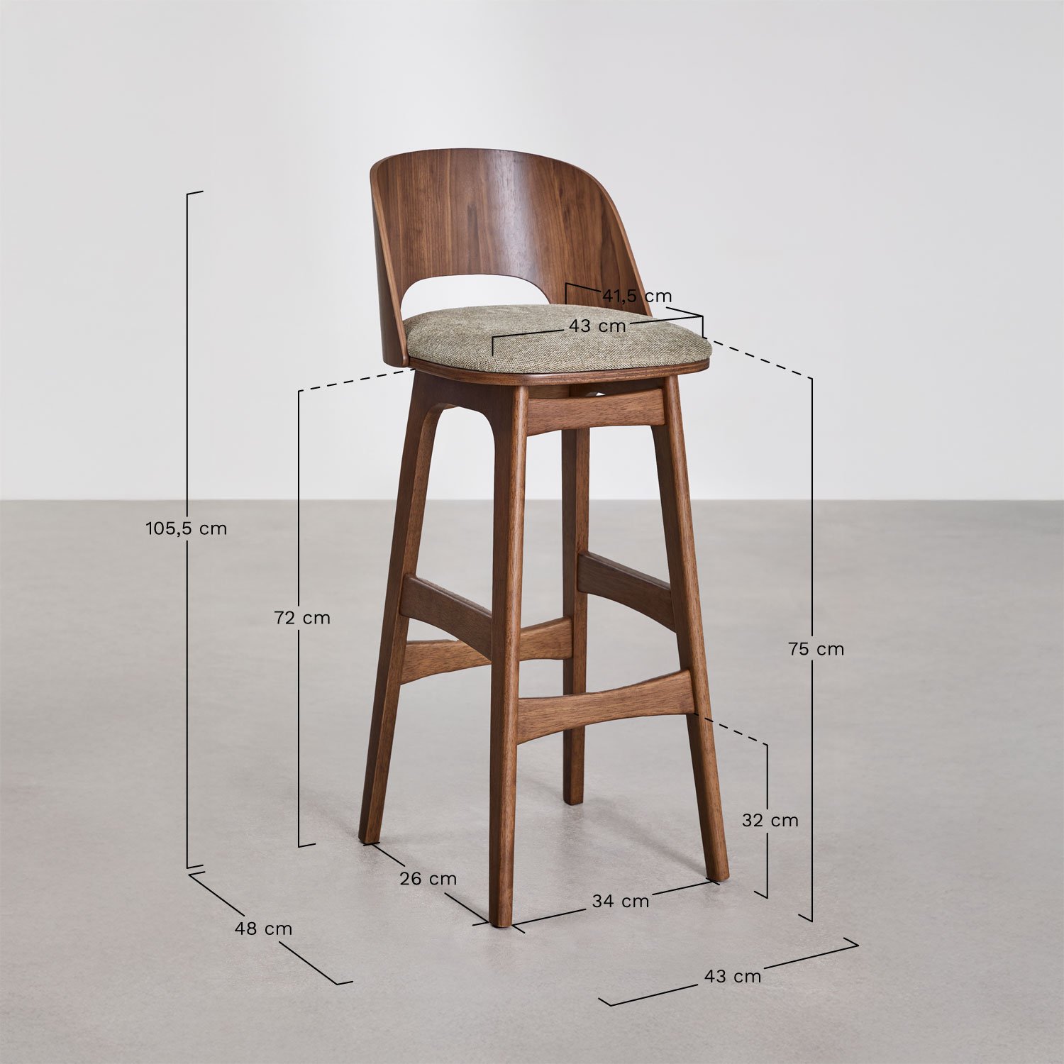 Tabouret haut Juna en bois et tissu d'ameublement, mesures