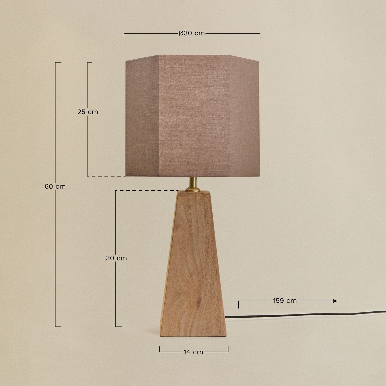 Lampe de table en bois de manguier Taraua, mesures