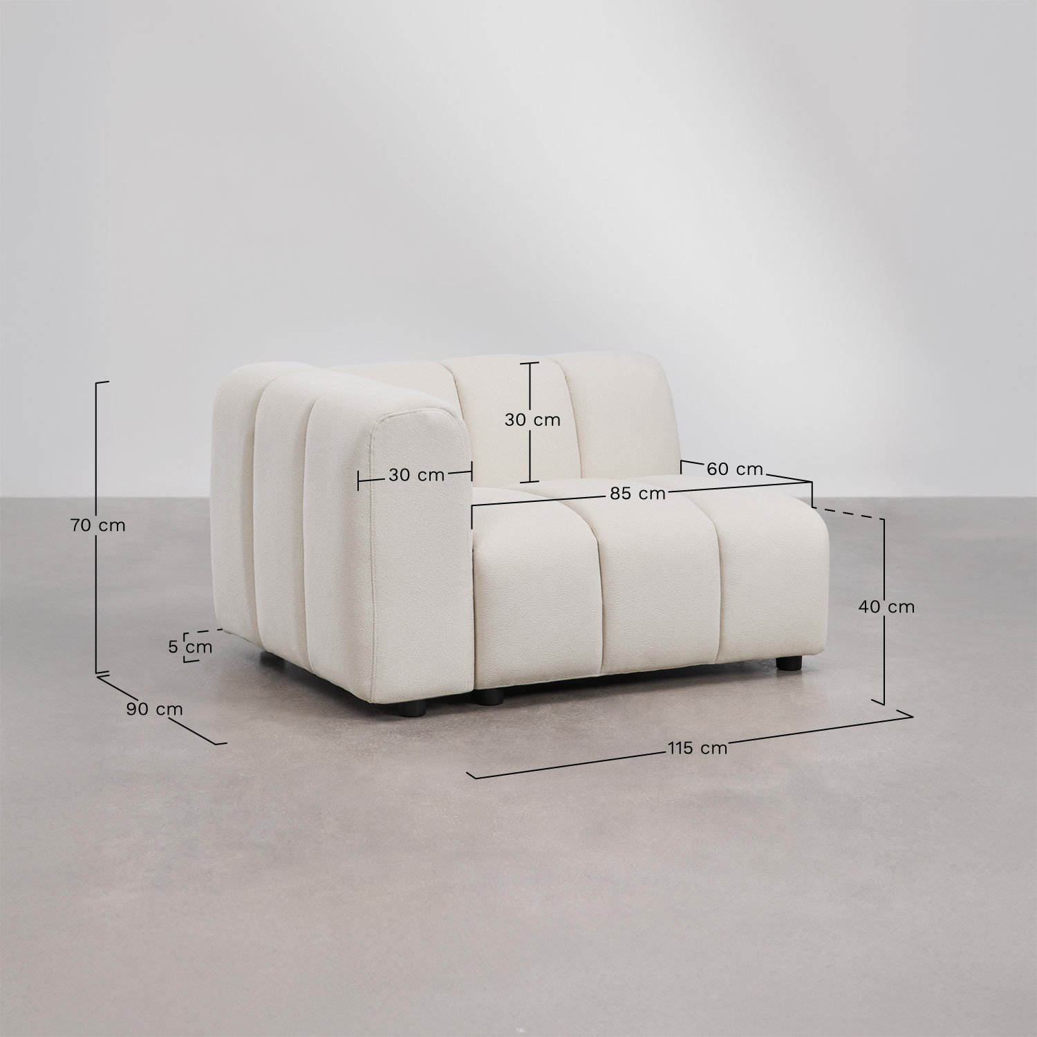 Module d'angle gauche pour canapé modulable en tissu bouclé Eliot, mesures