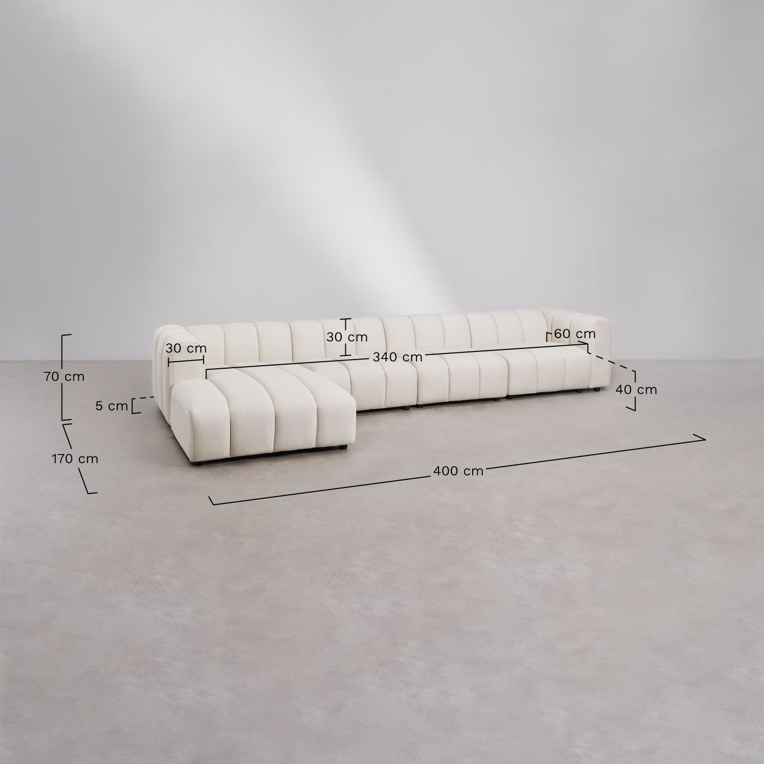 Canapé modulable 4 pièces avec méridienne gauche en tissu bouclé Eliot, mesures