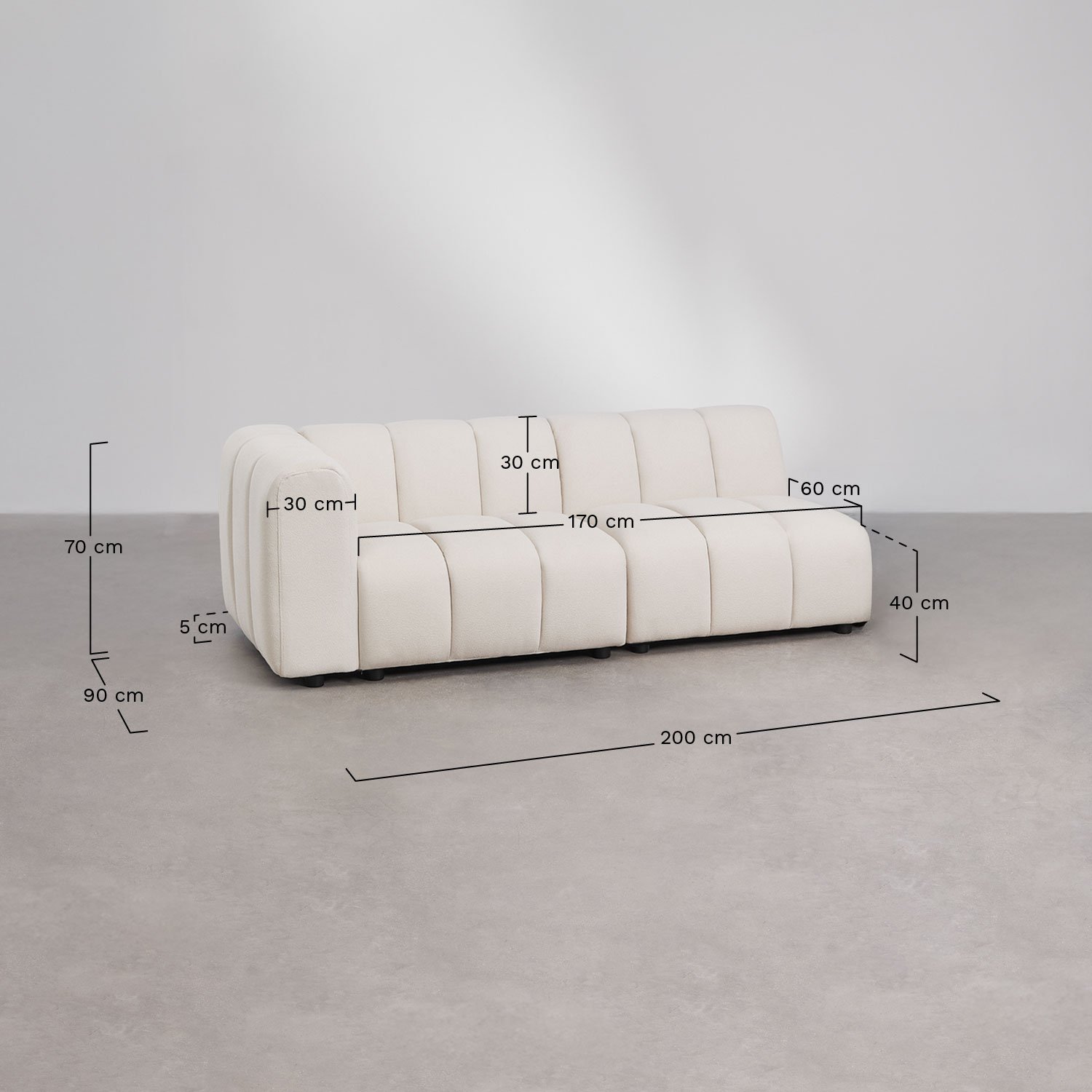 Canapé d'angle gauche 2 pièces et pouf Eliot en tissu bouclé, mesures