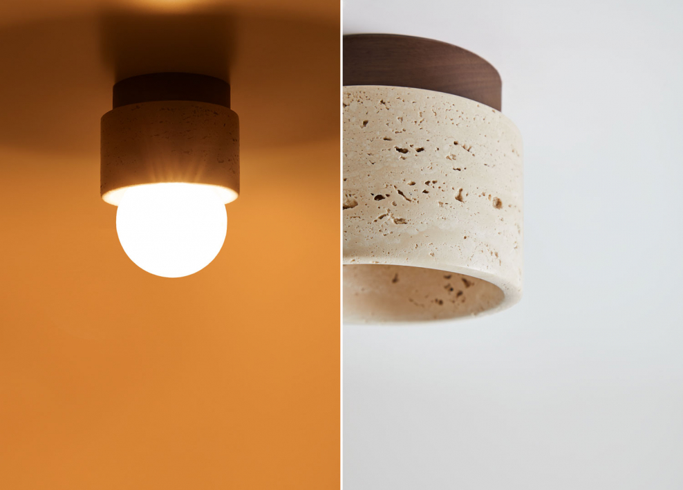 Plafonnier de plafond Ø10 cm en travertin et bois Davise