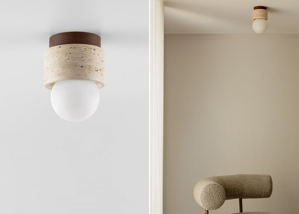 Plafonnier de plafond Ø10 cm en travertin et bois Davise