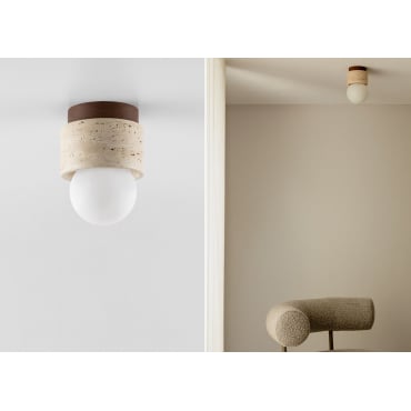 Plafonnier de plafond Ø10 cm en travertin et bois Davise