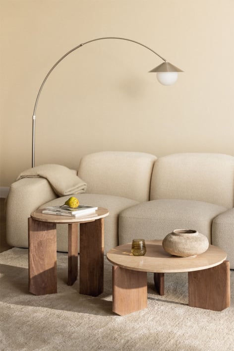 Ensemble de 2 tables basses rondes en pierre naturelle et bois de manguier Lavinia - Travertine