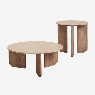 Ensemble De 2 Tables Basses Rondes En Pierre Naturelle Et Bois De Manguier Lavinia Travertine & Bois Naturel - Sklum