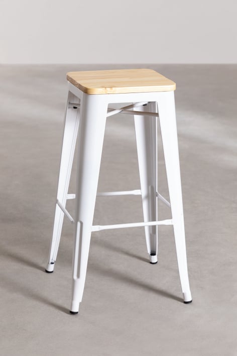 Tabouret haut 75 cm en acier blanc et marron bois naturel Lix - Bois Naturel - Blanc