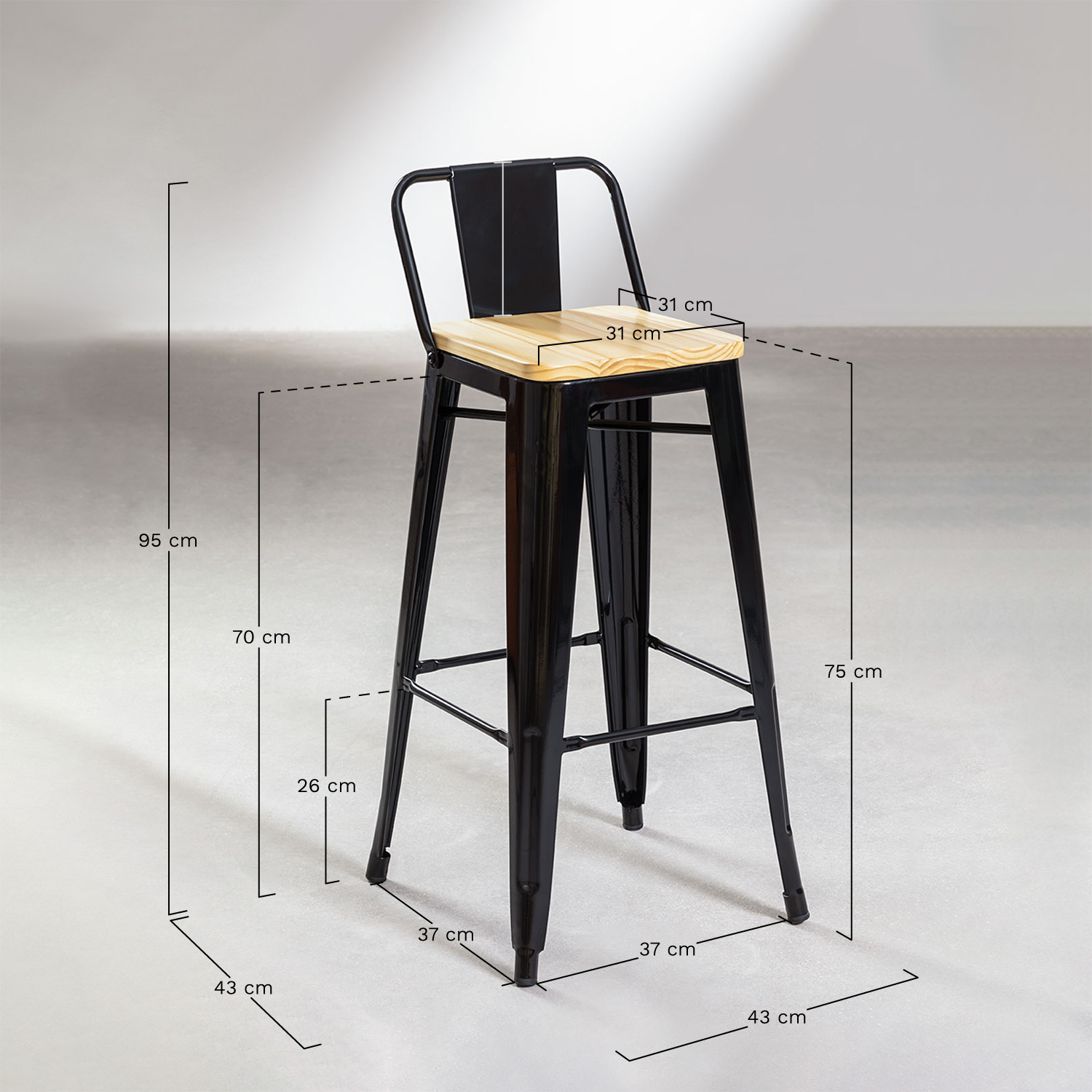 Lot de 2 tabourets hauts ↑75 cm avec dossier en acier Lix, mesures