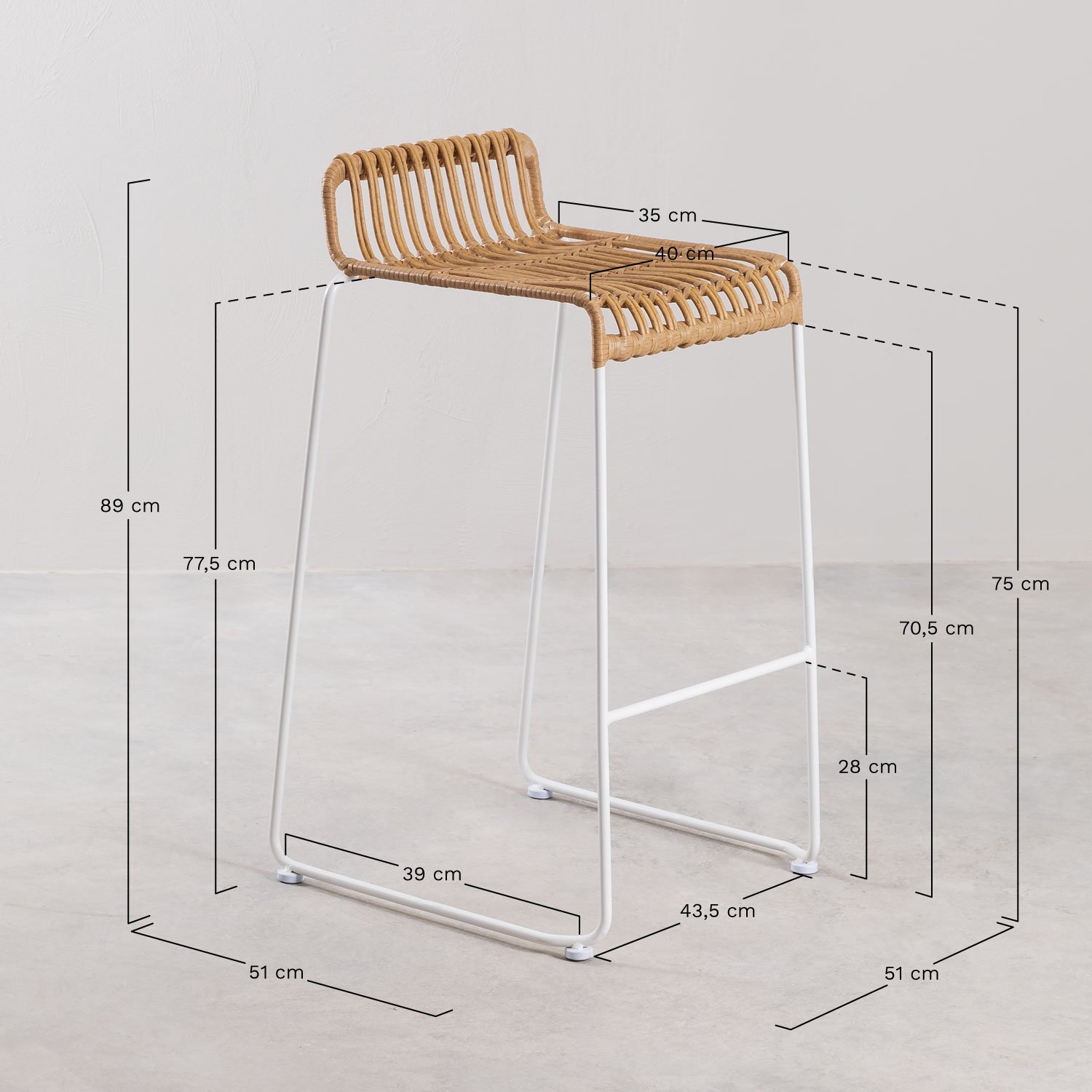Lot de 4 tabourets hauts en rotin synthétique Aroa, mesures