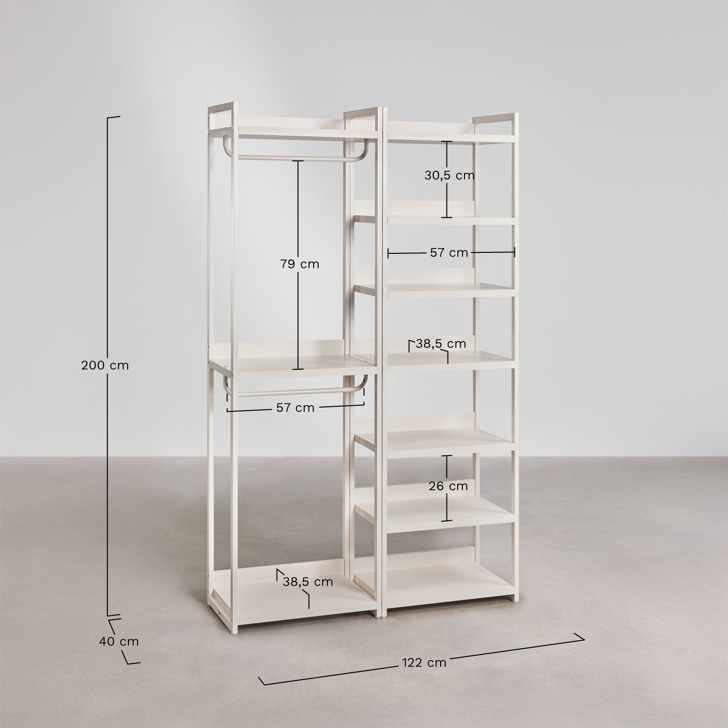 Armoire modulaire ouverte Velunis 2 pièces et étagères en fer, mesures