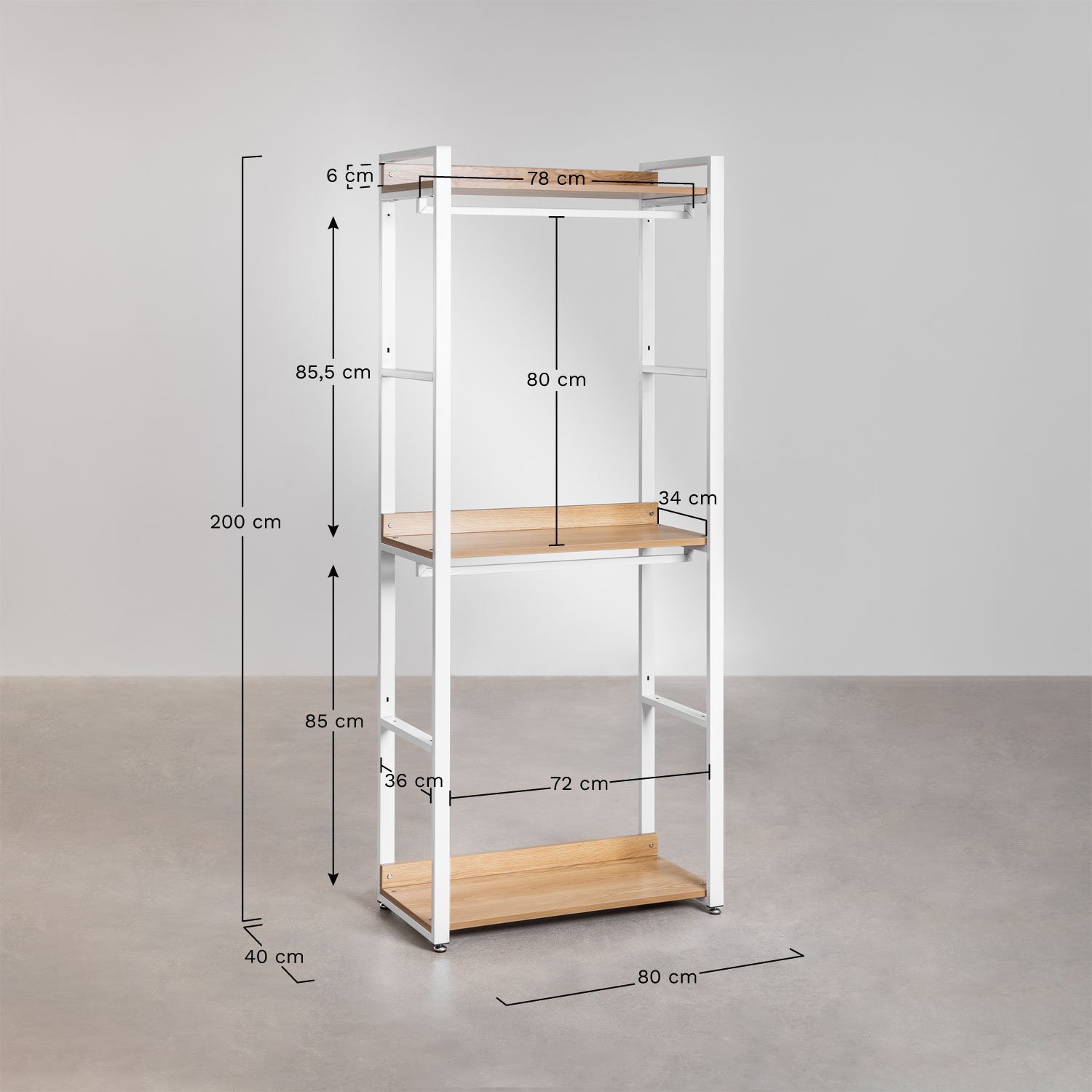 Armoire ouverte en acier et bois Ariaster, mesures