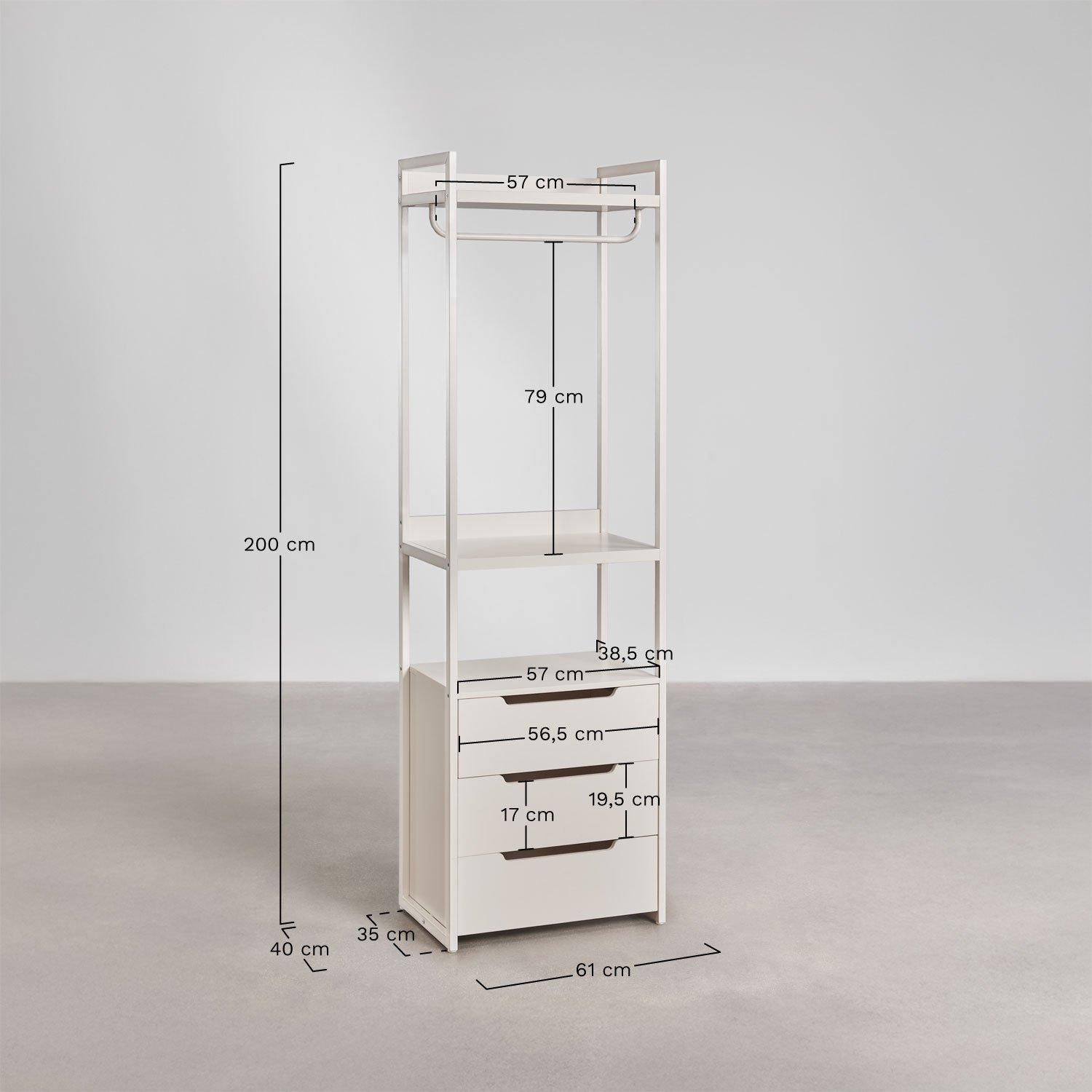 Armoire ouverte en fer Velunis avec tiroirs, mesures