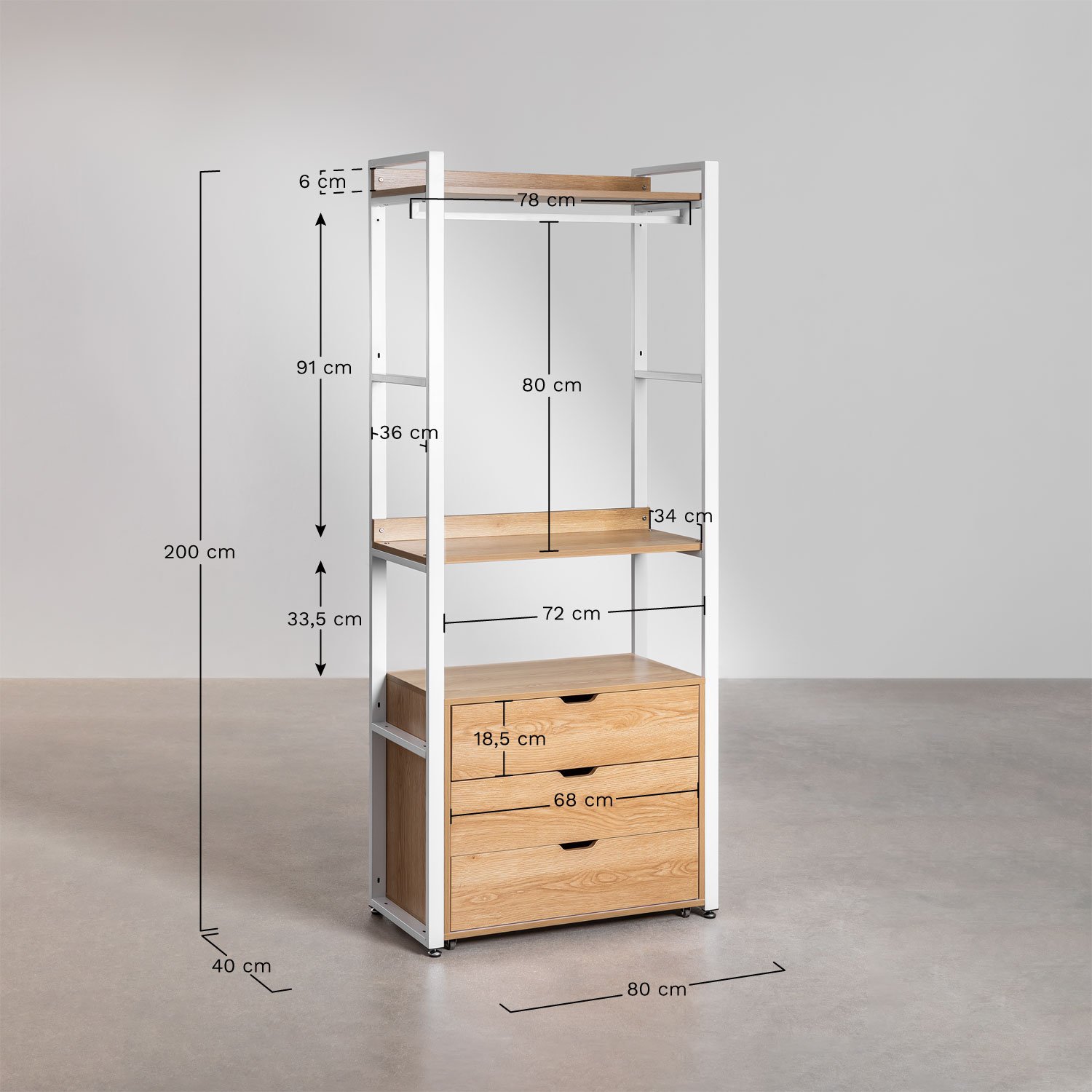 Armoire ouverte avec tiroirs en acier et MDF Ariaster, mesures