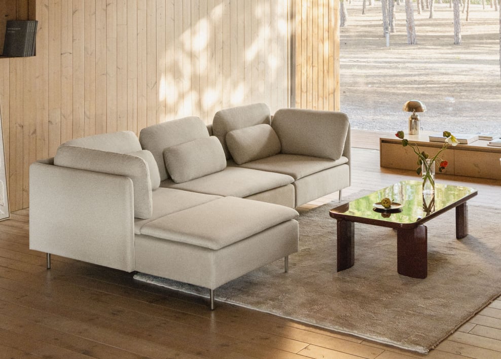 Canapé modulable Oriol 3 pièces avec méridienne côté gauche et unité d'angle - Tissu Beige crème