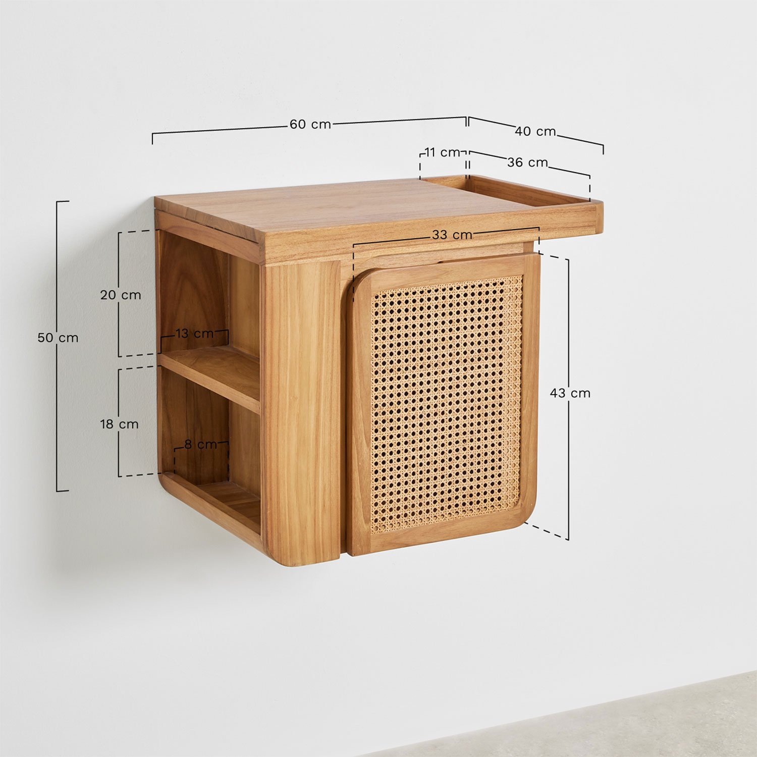 Ensemble de meubles de salle de bain suspendus en teck Georgy, mesures