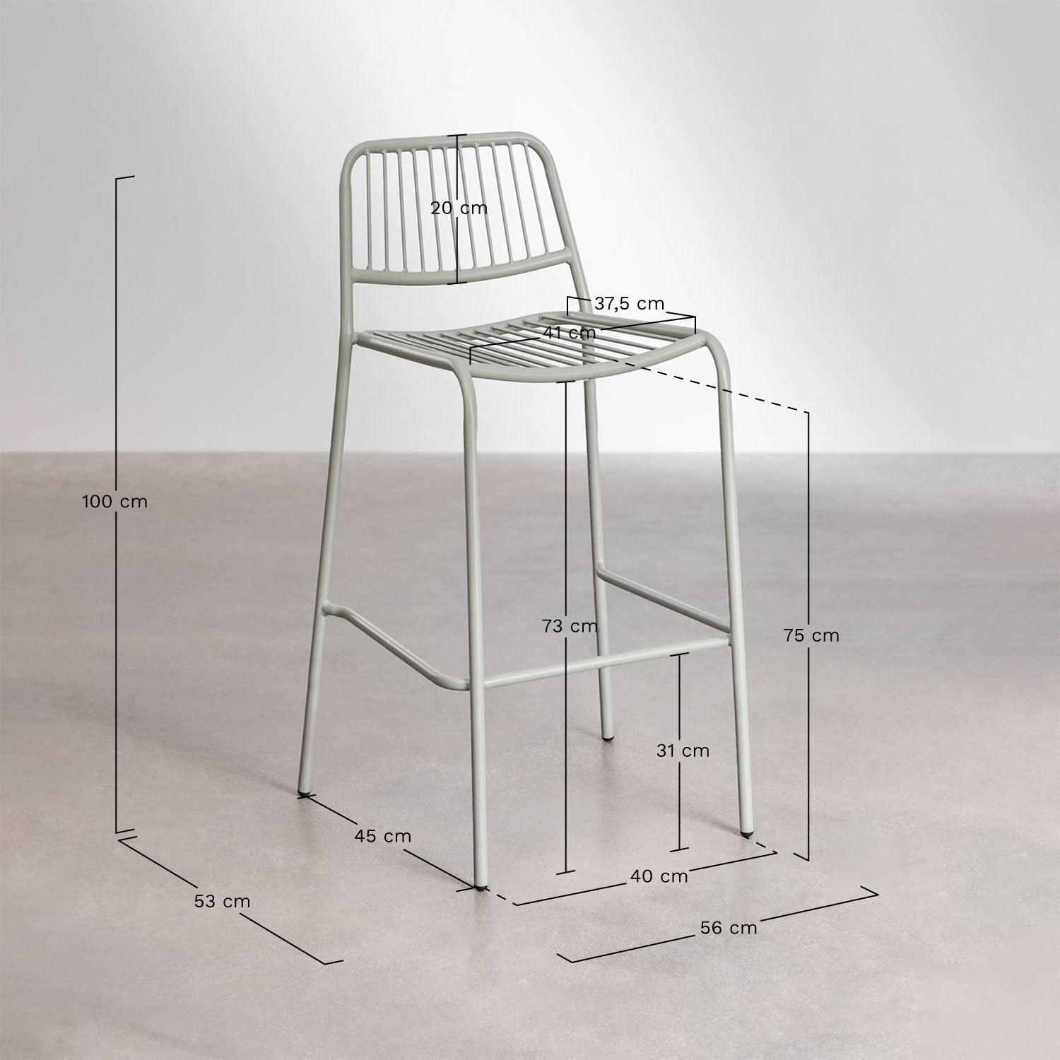 Tabouret de jardin haut empilable Elton, mesures