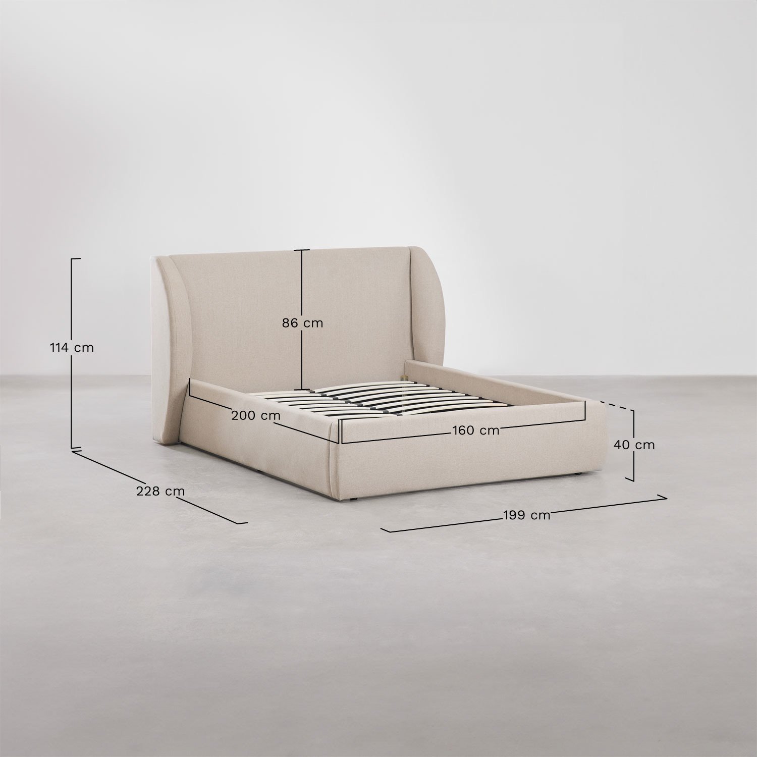 Lit en tissu Cabargi, mesures