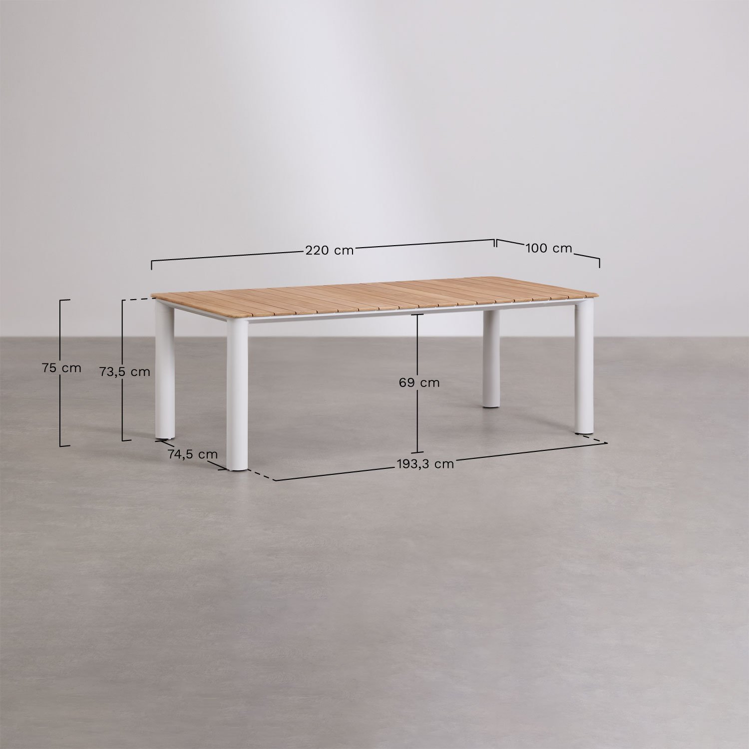 Set de table rectangulaire 220x100 cm en aluminium et bois de teck Sirka et 10 chaises de jardin en aluminium et tissu Roderise, mesures