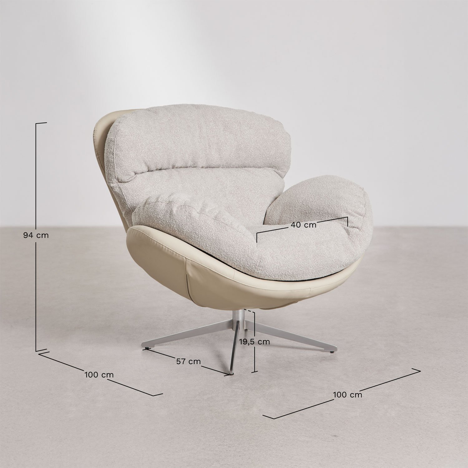 Fauteuil Amanda en tissu bouclé avec repose-pieds pivotant, mesures