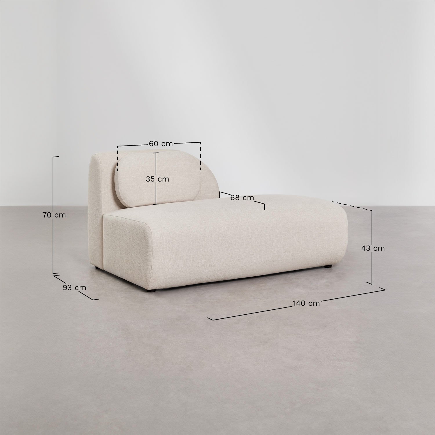 Module méridienne droite pour canapé modulaire en chenille Coquette, mesures