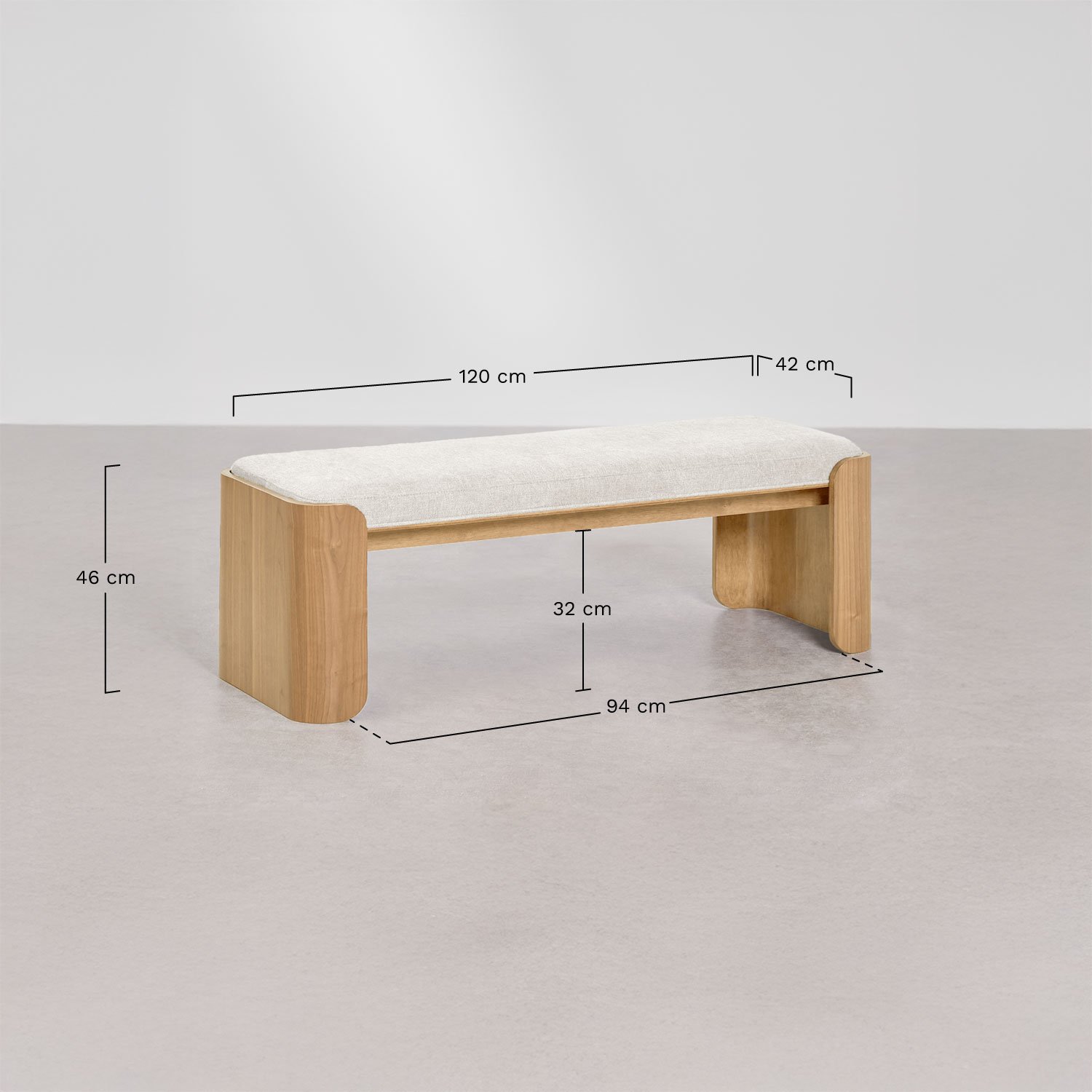 Banc en bois de caoutchouc et placage Lofren, mesures