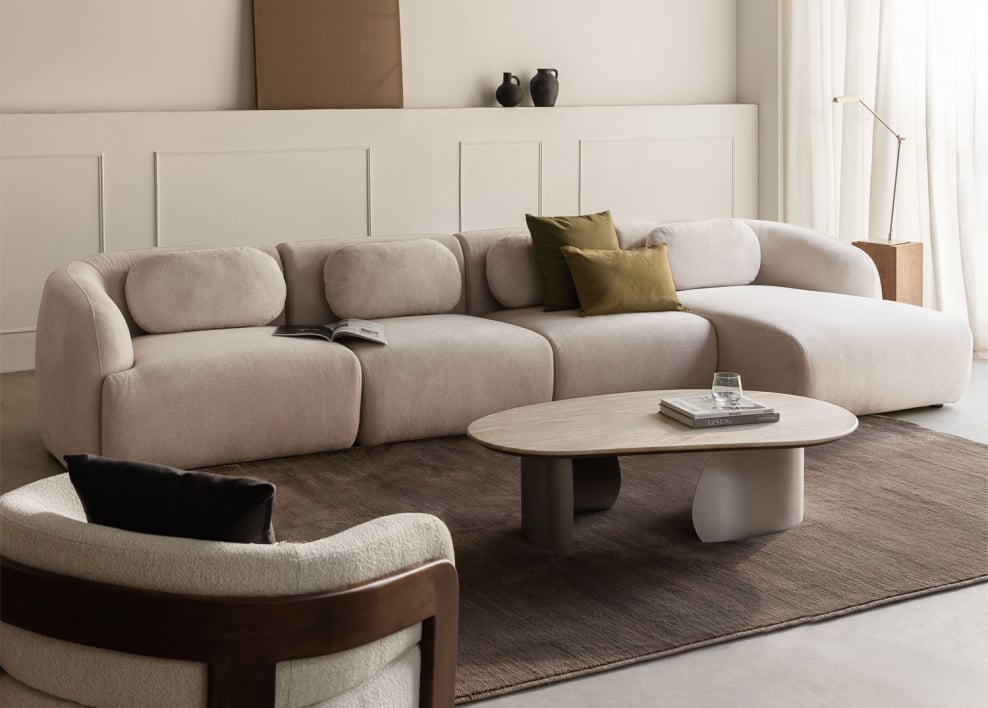 Canapé modulable 4 pièces avec chaise longue droite en chenille Coquette - Chenille Beige Crème