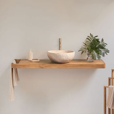 Ensemble Meuble De Salle De Bain Suspendu 130x45 Cm En Bois De Teck Neill Bois De Teck & Irrégulier En Ciment Beige ↔︎40 - Sklum