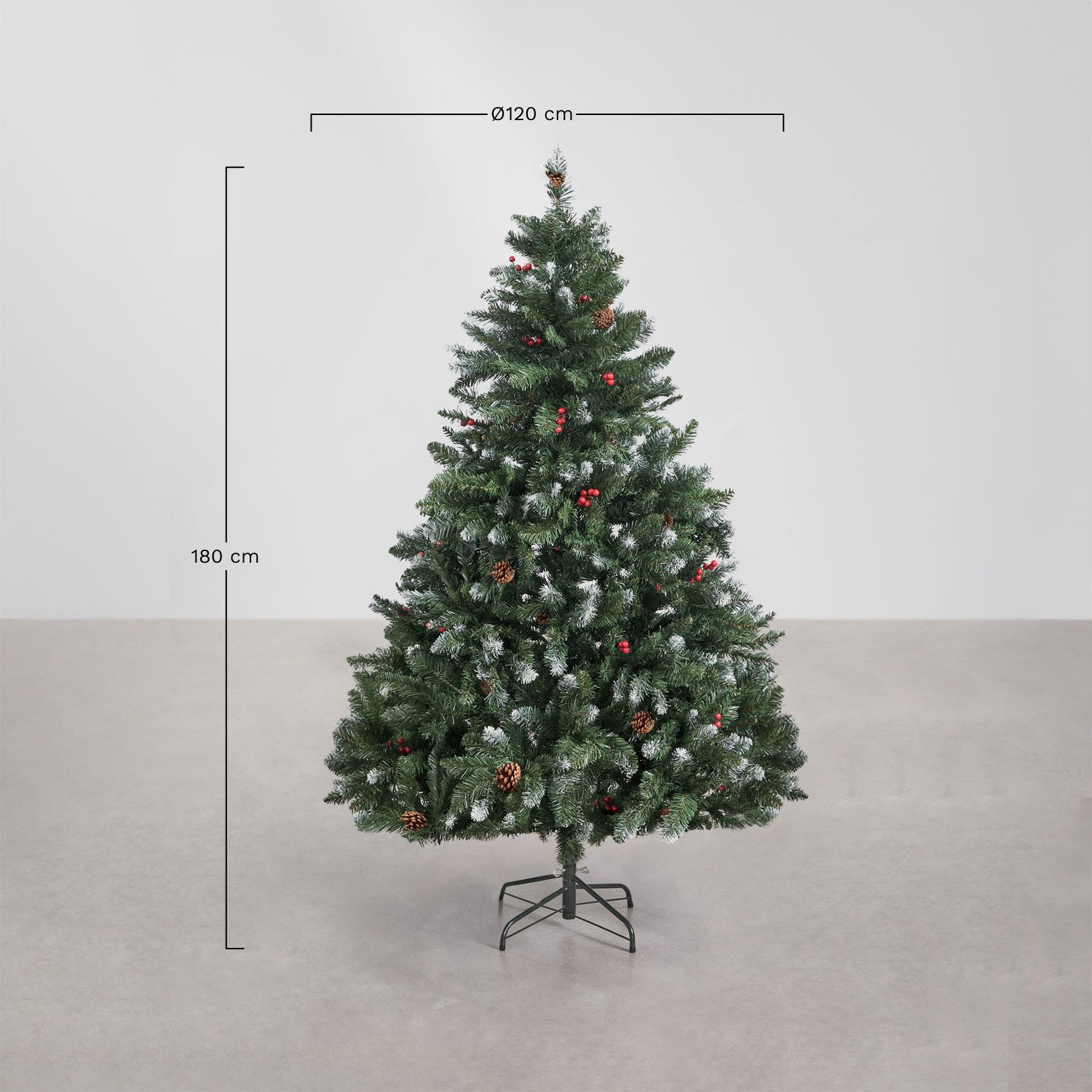 Sapin de Noël avec pommes de pin décoratives et baies rouges Livigno, mesures