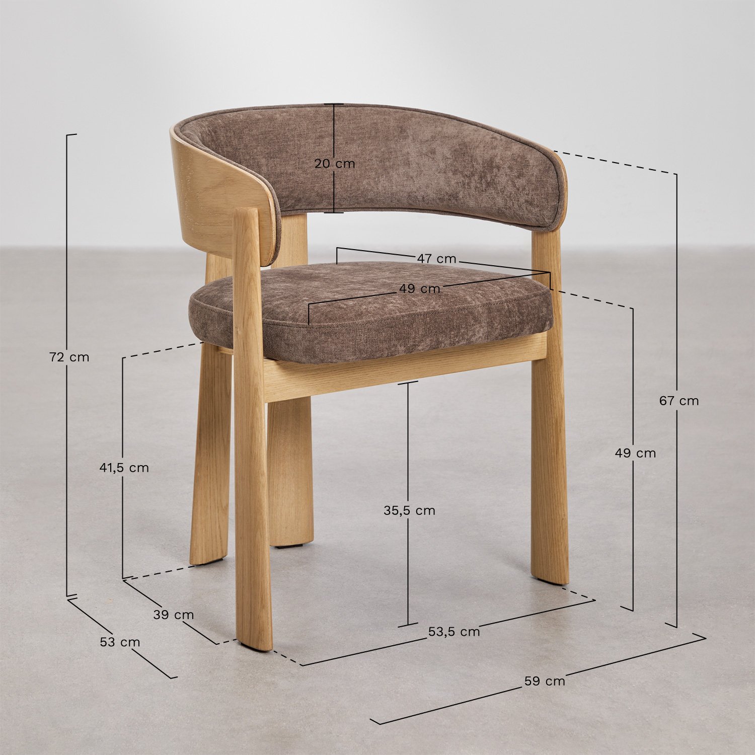 Chaise de salle à manger en bois de chêne et tapissée Olea, mesures