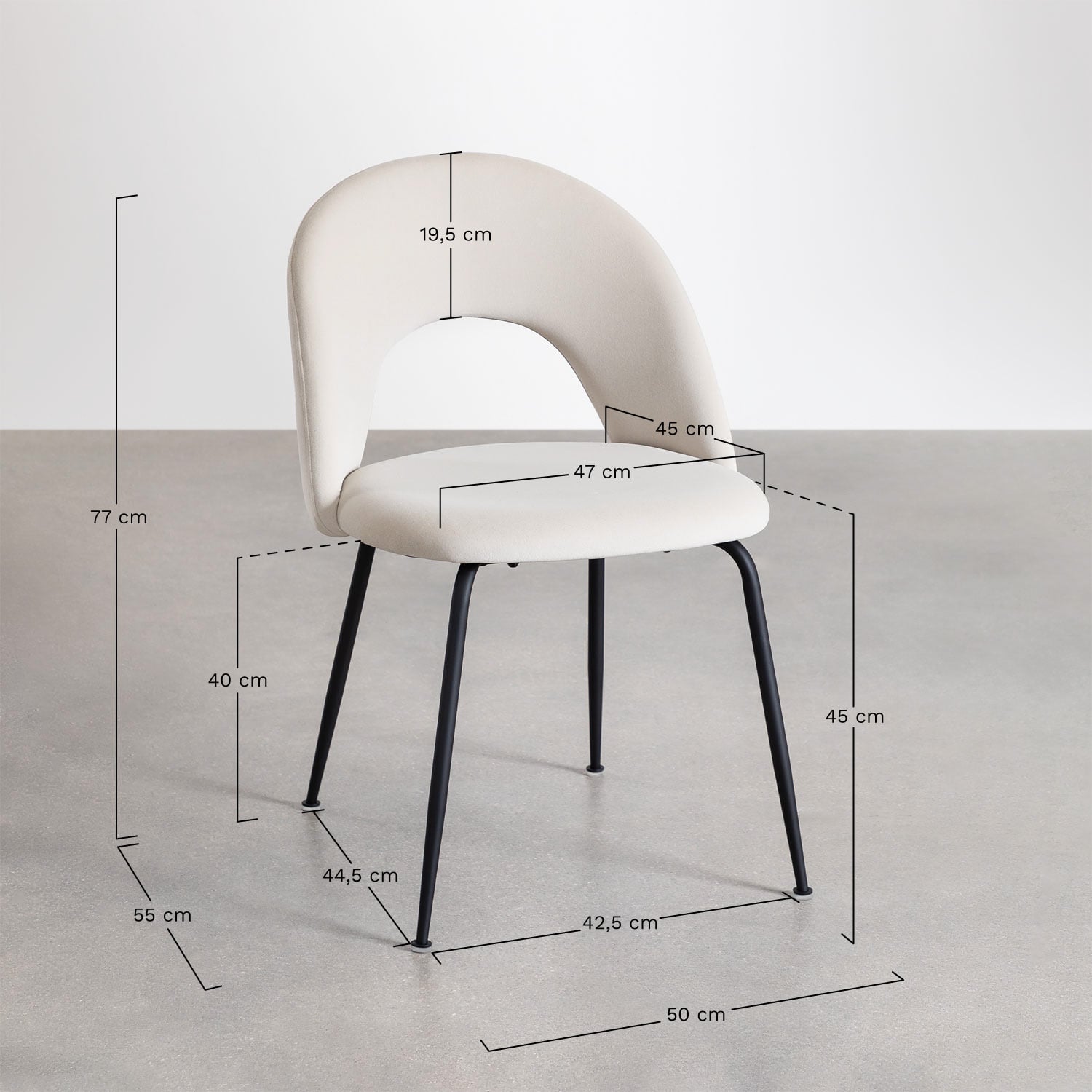 Pack de 4 chaises de salle à manger rembourrées Glorys, mesures