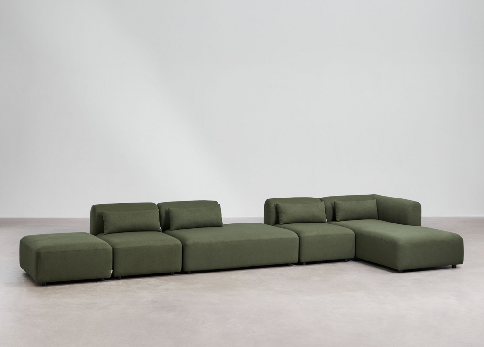 Canapé modulable avec méridienne d'angle droit 4 pièces avec méridienne et pouf Fogler - Chenille Vert Sauge