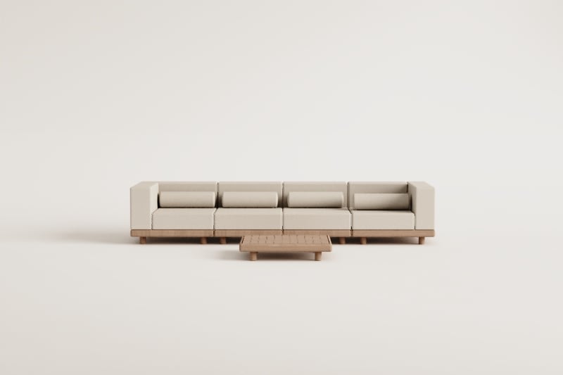 Ensemble de jardin avec canapé modulaire 4 pièces comprenant 2 modules d'angle et une table basse en acacia Edrien