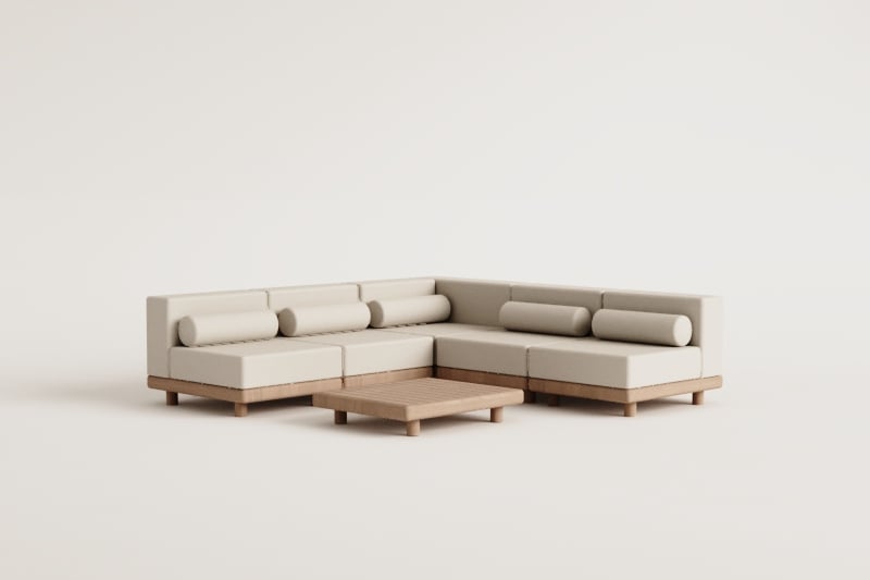 Ensemble de jardin avec canapé d'angle modulaire 5 pièces avec module d'angle et table basse en acacia Edrien