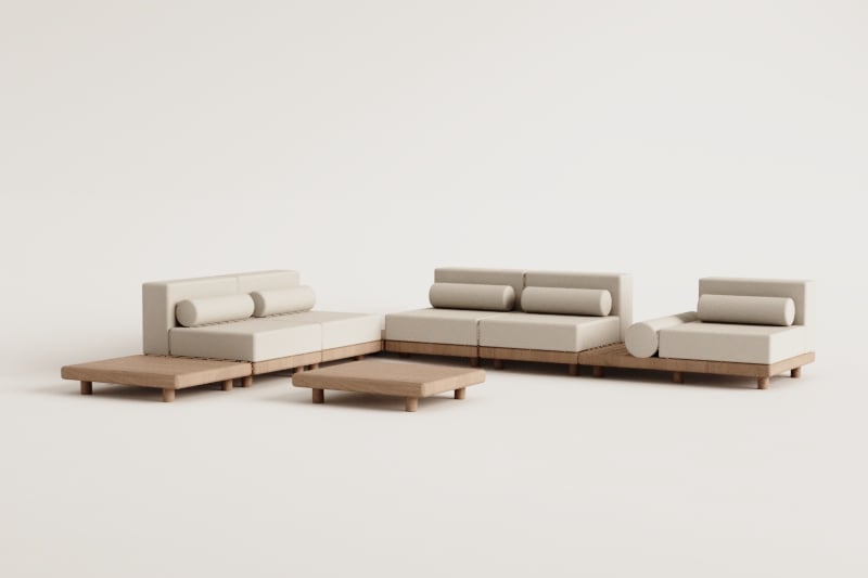 Ensemble de jardin avec canapé d'angle modulaire 5 pièces avec table d'appoint et 3 tables basses en acacia Edrien