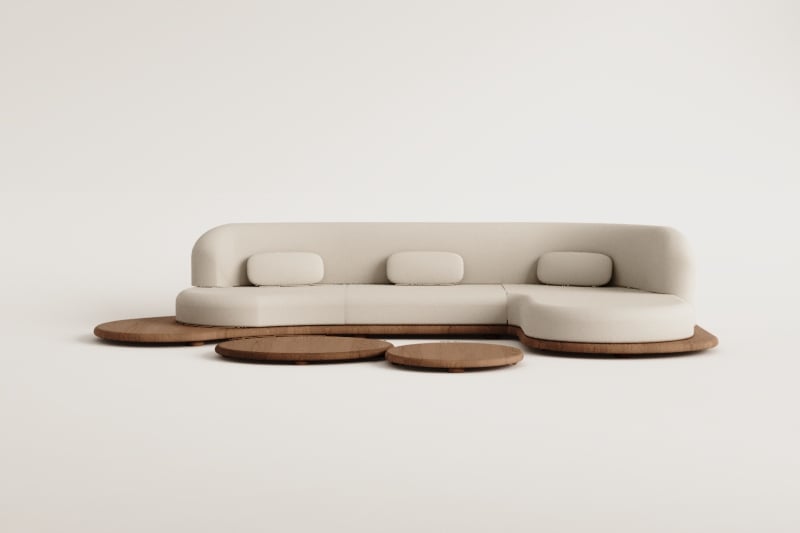 Ensemble de jardin avec canapé modulaire chaise longue droit 3 pièces et 2 tables basses en bois d'acacia Gerard