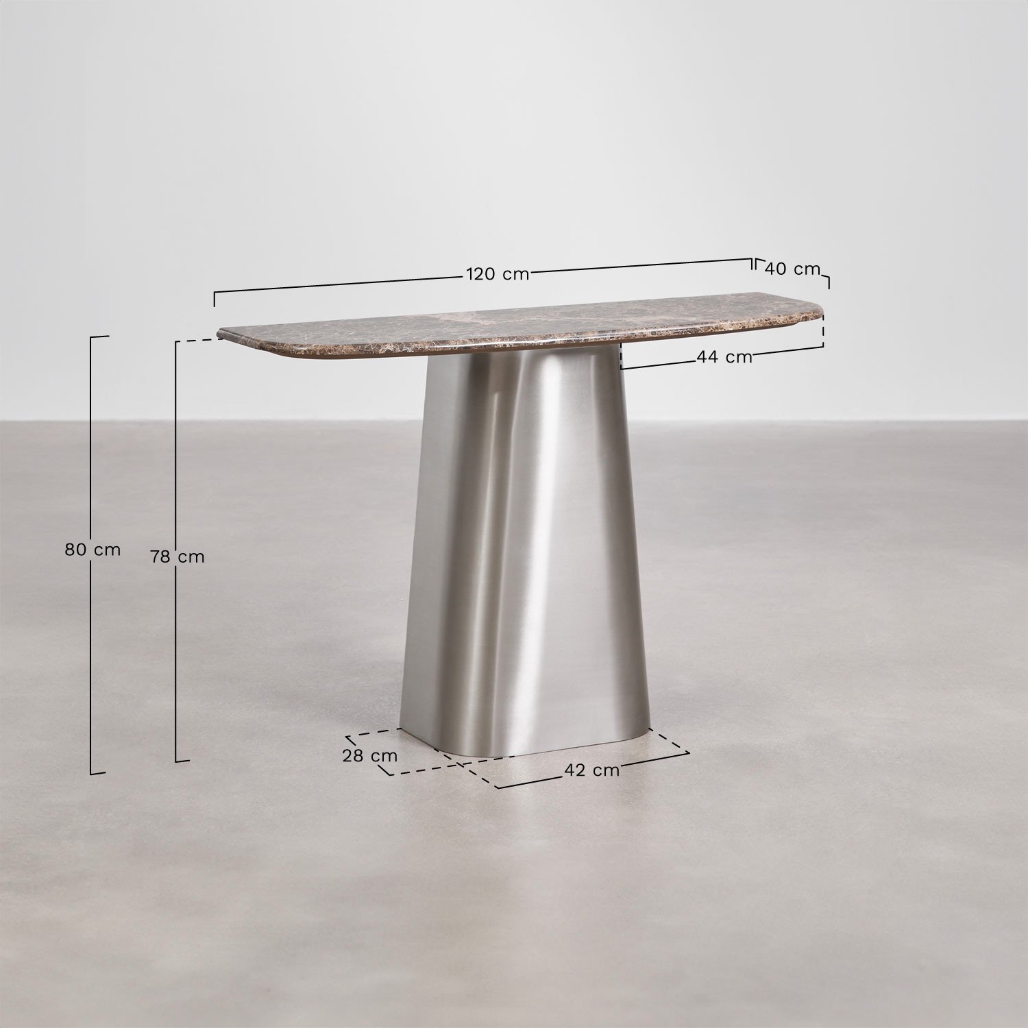 Console d'entrée 120x40 cm en pierre naturelle et acier inoxydable Moreila, mesures