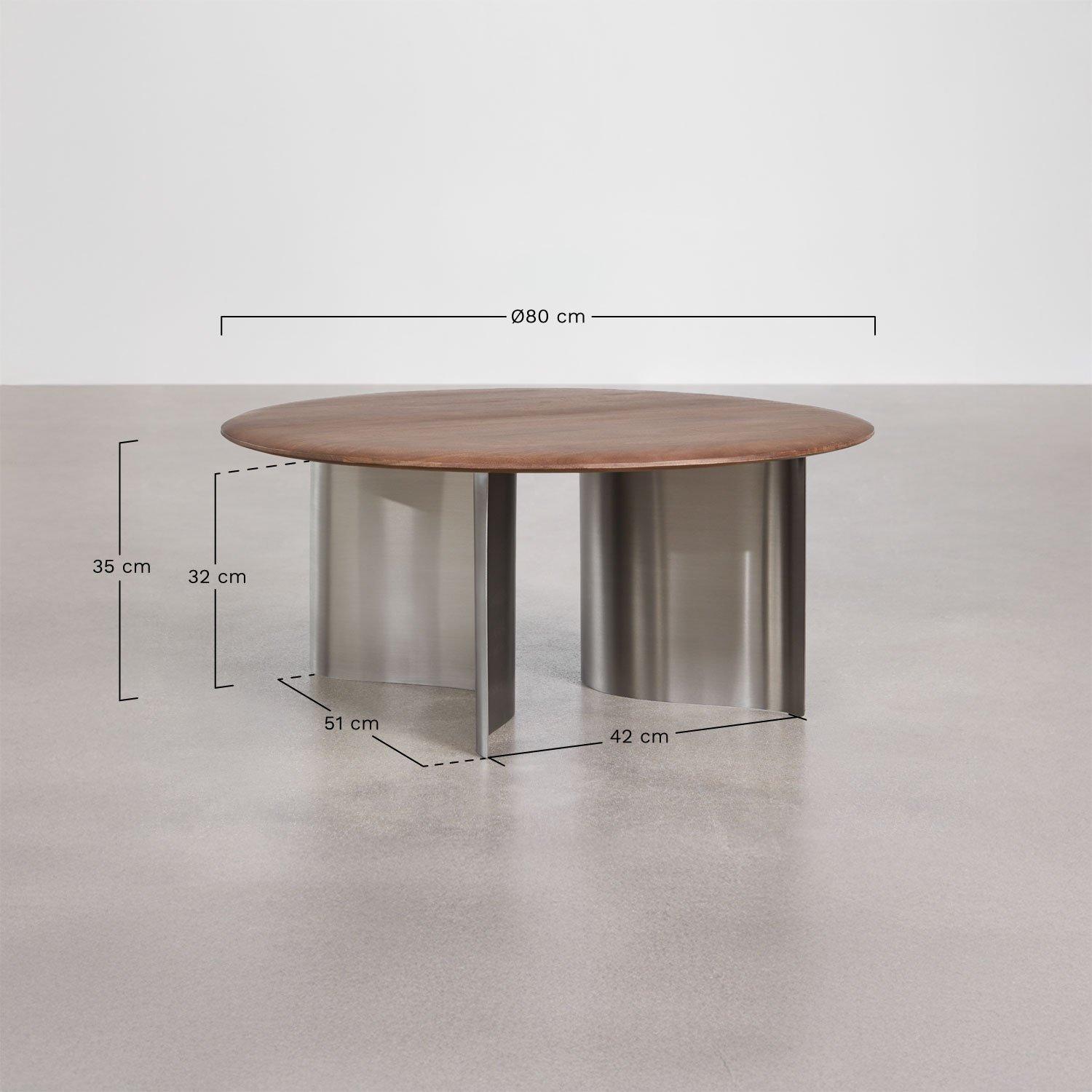 Set de 2 tables basses rondes en bois de manguier et acier inoxydable Marvion, mesures