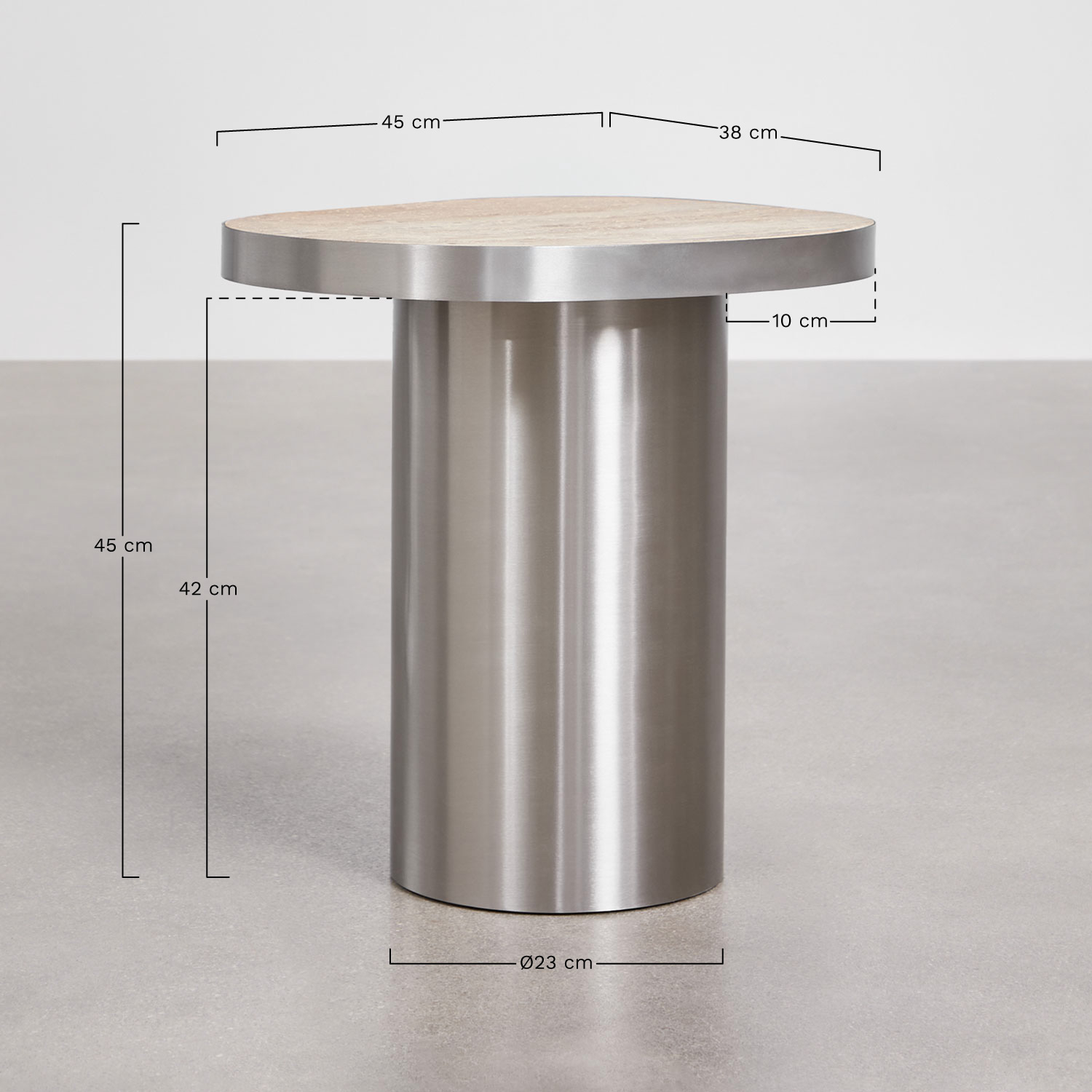 Pack de 2 tables de chevet en travertin et acier inoxydable Fertrix, mesures